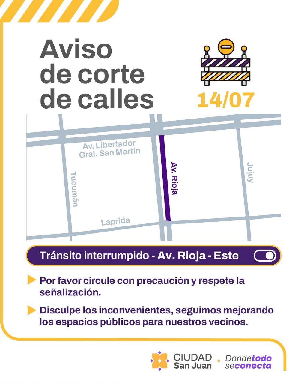 Cortan un tramo de Av. Rioja este martes por obras del Plan 50 Cuadras