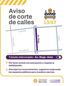 Corte de tránsito en Av. Rioja por trabajos en la Ciudad de San Juan