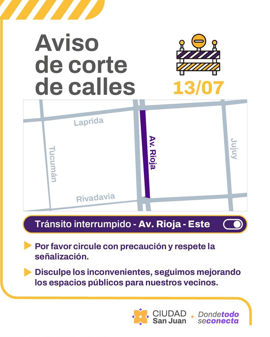 Corte de tránsito en Av. Rioja por trabajos en la Ciudad de San Juan