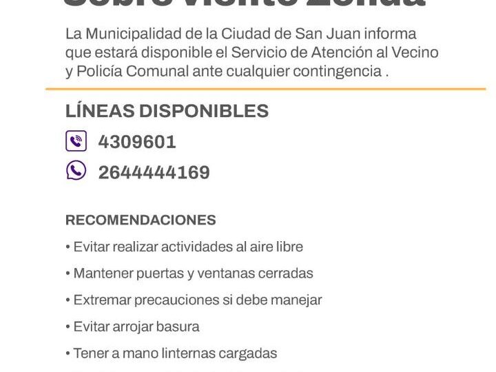 Muni de San Juan dispone servicio ante zonda
