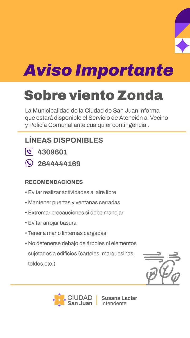 Muni de San Juan dispone servicio ante zonda